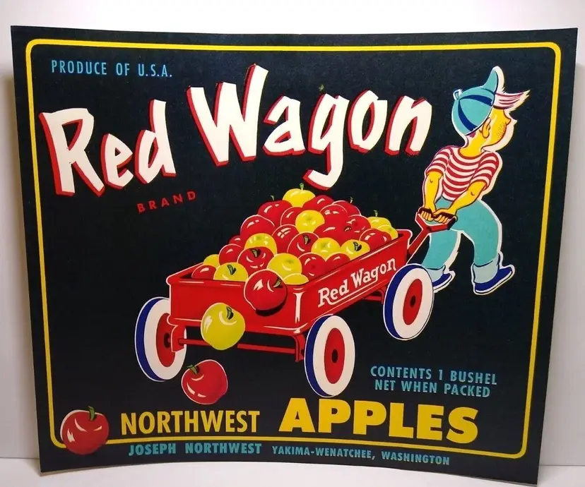 Red Wagon Apple Fruit Crate Label Boy Carts Red & Gold Bushel 1940's Vintage