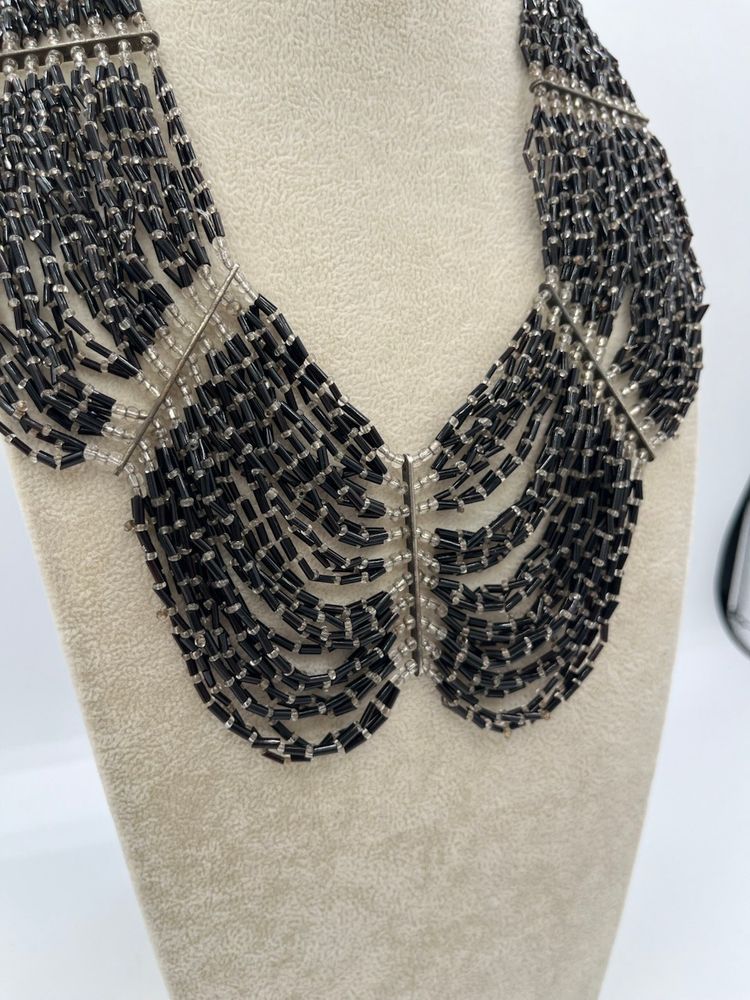Stunning Vintage Black Beaded Collar Necklace - Silver Tone Necklace