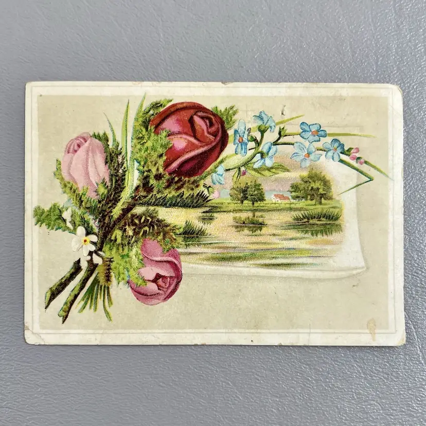 Victorian Trade Card Pink Red Roses Scenic Landscape Trees Water