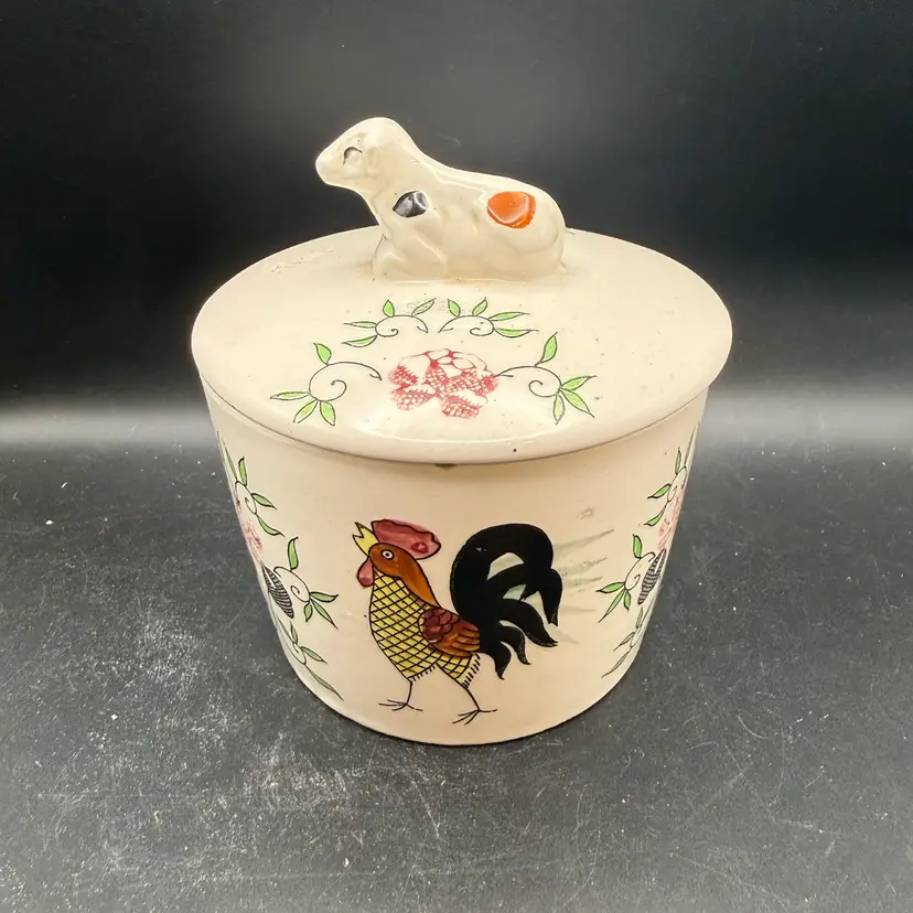 Vintage Ceramic Storage Container With Cow Finial And Rooster Motif