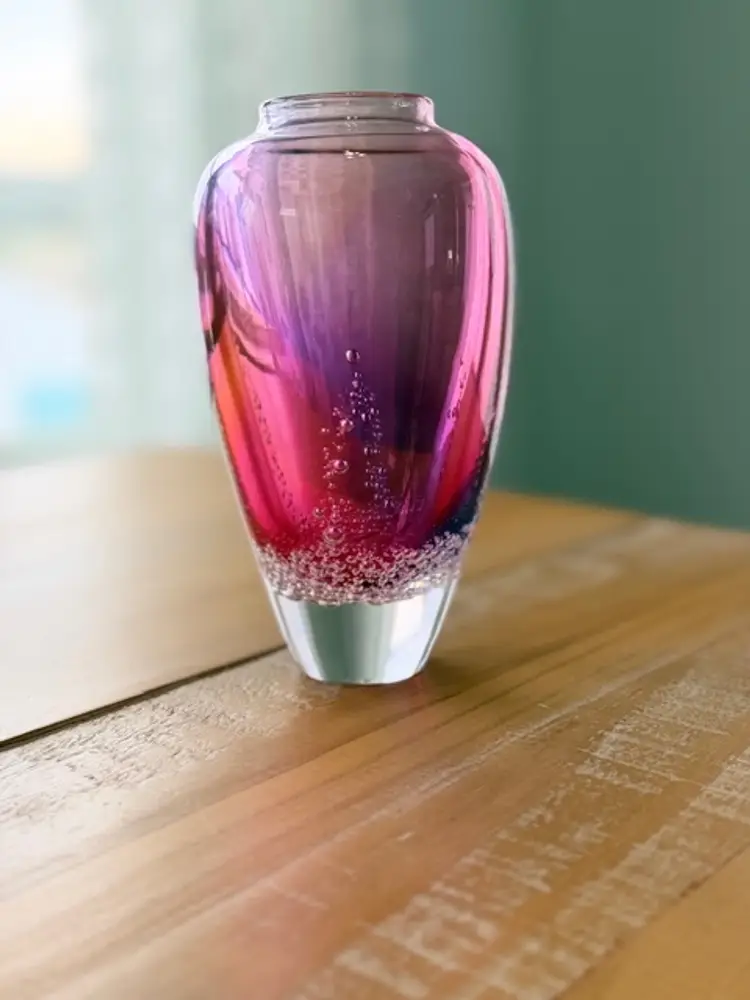 Buzz Blodgett Studio Art Glass Sea Foam Vase, Signed 1997 Pink/Purple 6.5”