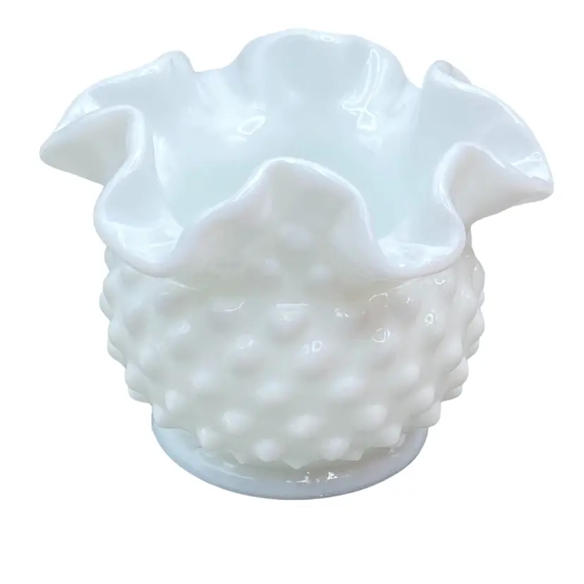 Fenton Vase Rose Bowl Vintage Milk Glass Hob Nail Ruffled Spring