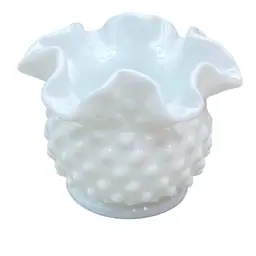 Fenton Vase Rose Bowl Vintage Milk Glass Hob Nail Ruffled Spring