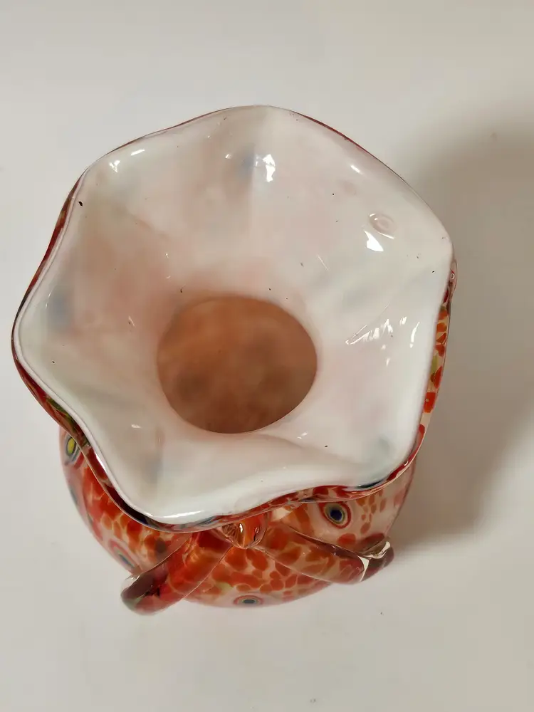 Murano Style Cased Glass Vase Millefiori Ruffled Top Applied Bow Orange White