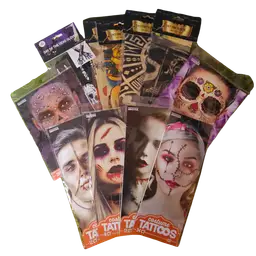 Lot of 11 NEW SEALED Temporary Tattoos - 4 Sleeves, 1 Glove, 6 Face Blood Stitches Halloween