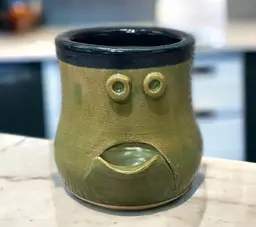Hand Thrown Pottery Egg Separator Funny Face Spout Olive Green