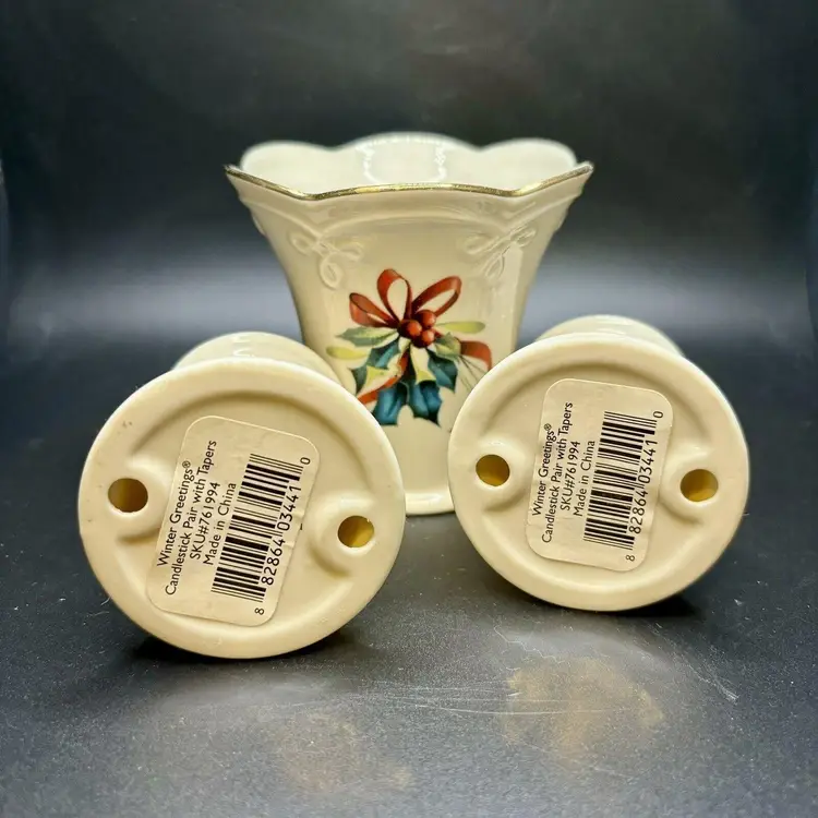 Lenox WINTER GREETINGS Holly & Berries Votive Vase 3" and Candle Holder 3pc Set