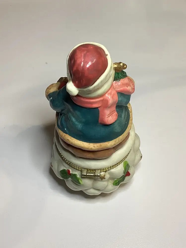 Ceramic 5" Christmas Snowman Trinket Box Figurine Two Minor Chips See Pictures