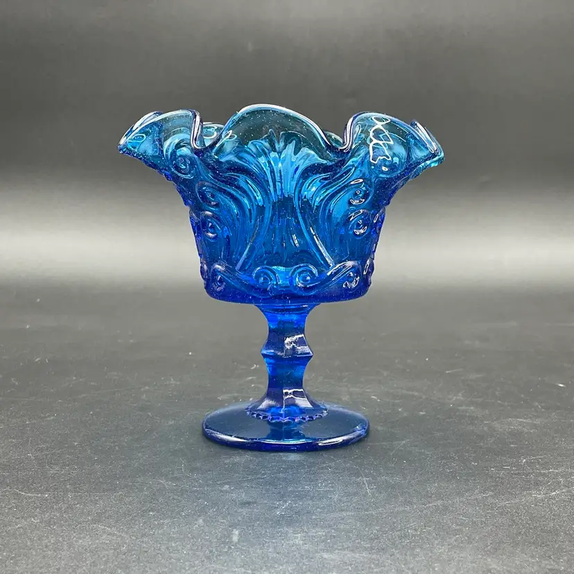 Imperial Glass Blue Footed Compote Embossed Swirls VTG Candy Dish Glows