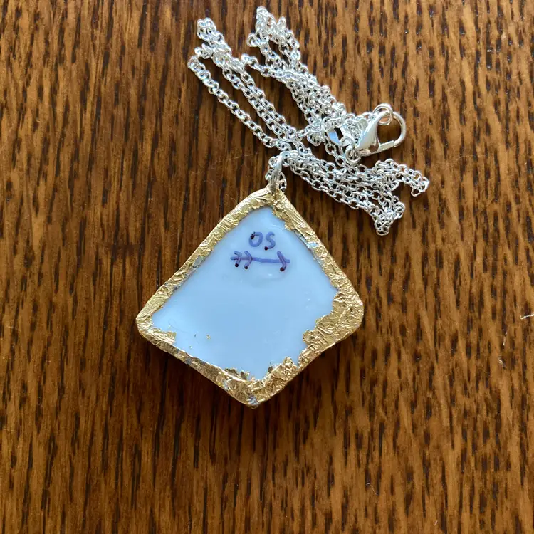 Broken Pottery Artisan Made Floral Pendant Diamond Brand Plate Handcrafted Necklace 1 3/8 in x 1 3/8 in