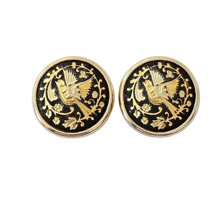 Round Vintage Damascene Bird Clip On Earrings