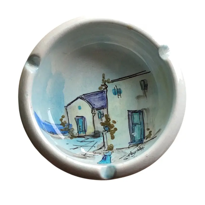 Handmade Signed Village Scene Possibly Italy Or Portugal Ashtray/Trinket Dish 4.5 Inches Across