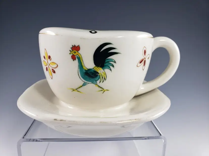 Tea Cup Shaped Coin Bank "Your Fortune's in the Cup" w Rooster Pennsylvania Dutch Design
