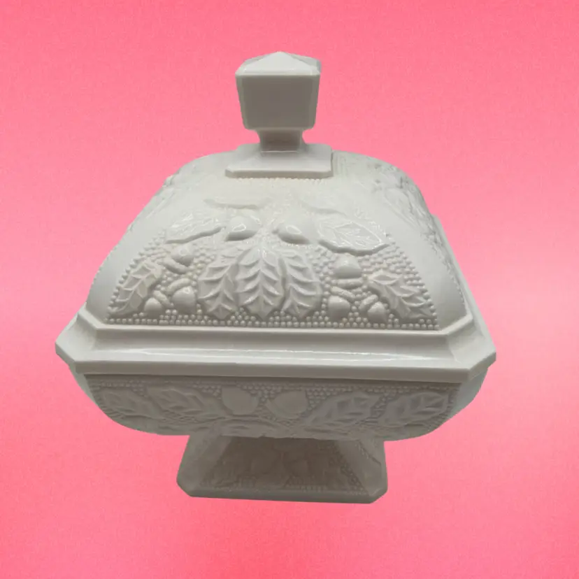 Jeannette Glass Shell Pink Milk Glass Candy Dish With Lid, 7” Tall x 5-1/2” Wide