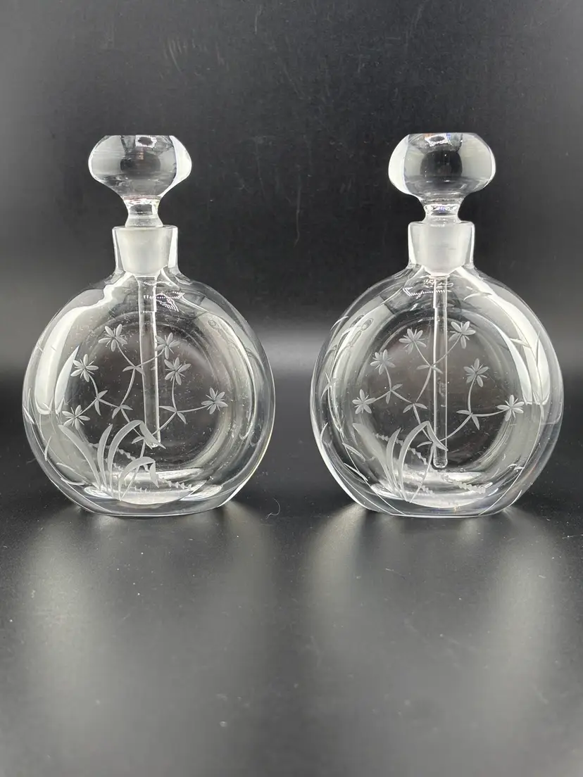 2 Kjellvander Swedish Etched Crystal Signed Perfume Bottles