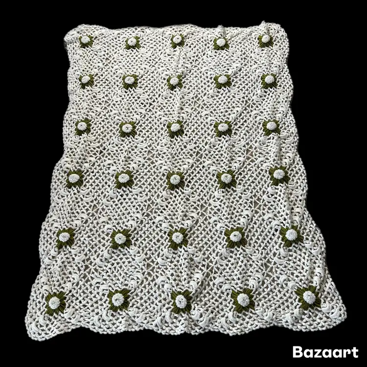 Vintage 3D Crocheted Reversible Floral Throw