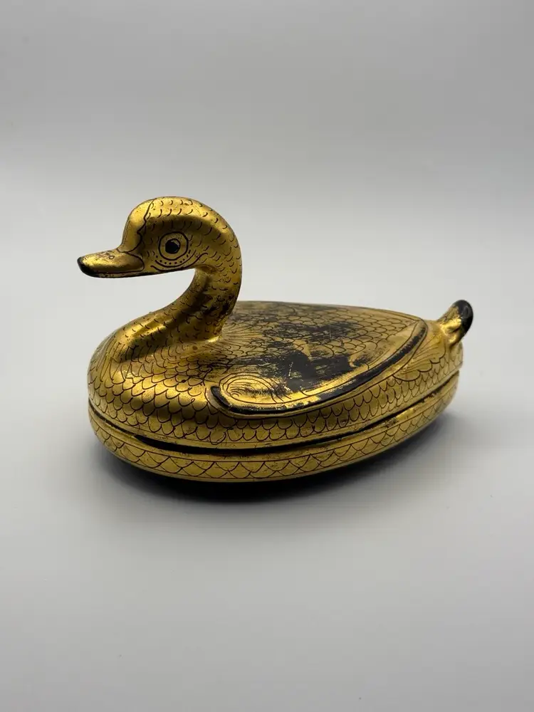 Signed Golden Duck Lacquered Trinket Box 5 1/2 X 4"