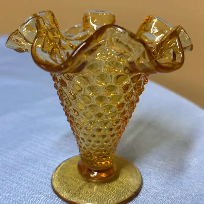 Fenton amber hobnail ruffled 4” vase