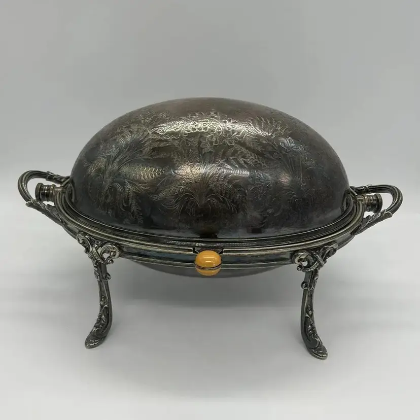 Antique Large Muffin Rolling Roll Top Dome Serving & Warming Dish Silver Plate