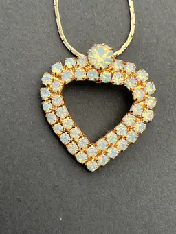 Vintage Opaque Rhinestone Heart Pendant Necklace 17" GP Chain 1960s