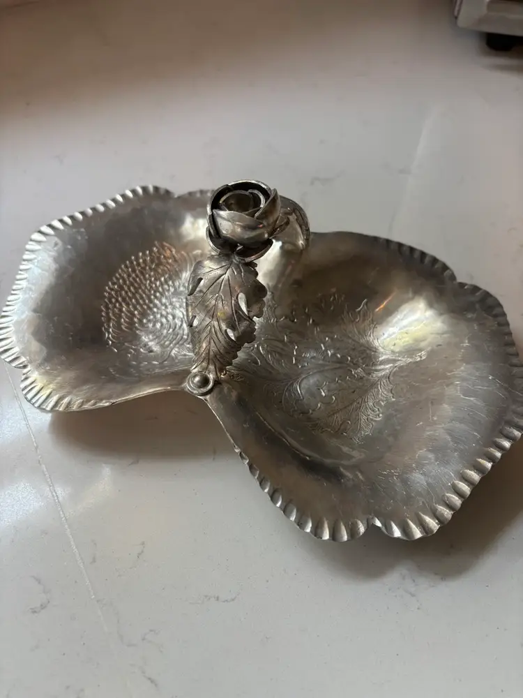 Vintage Hammered Aluminum Trinket Dish With Rose Decor Handle