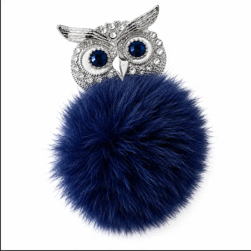 #01 Vintage Women’s Silvertone Owl Pendant Slide Enhancer with Blue Eyes & Puff Ball