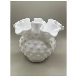 #03 Vintage Fenton Hobnail White Milk Glass Round Ruffled Vase ~ 4 inches tall