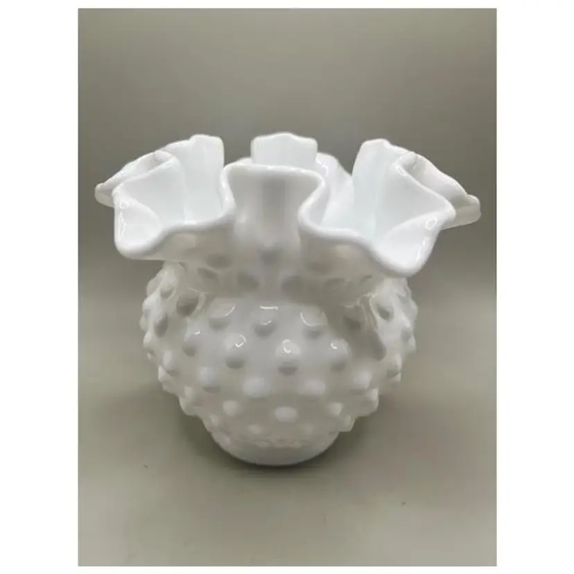 #02 Vintage Fenton Hobnail White Milk Glass Round Ruffled Vase ~ 4 inches tall