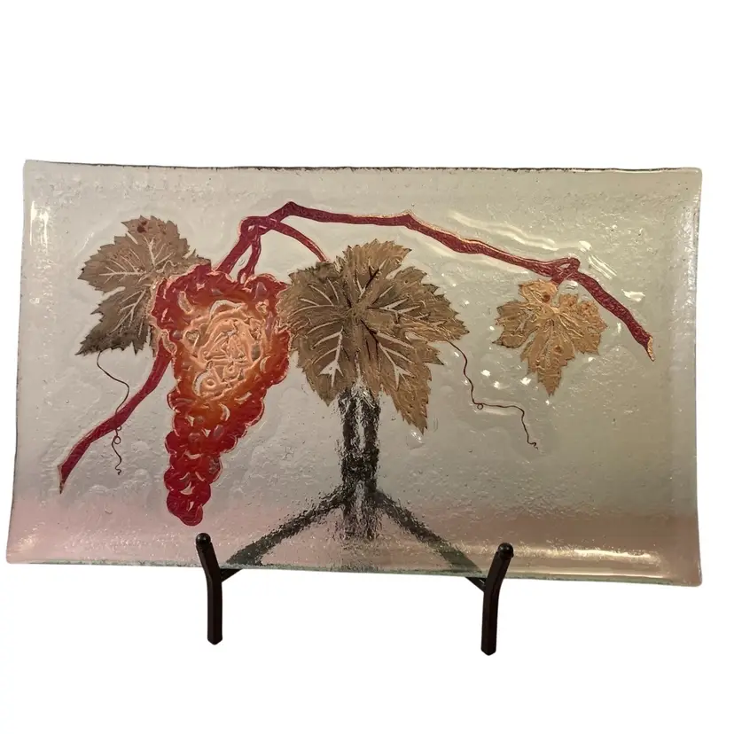 Vintage Fused Glass Fruit Platter Hand Painted Signed Studio Art Large Rectangle
