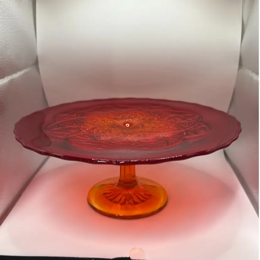 Viking Glass Yesteryear Red Amberina Cake Stand-Higbee Laurel Mould cadmium glow