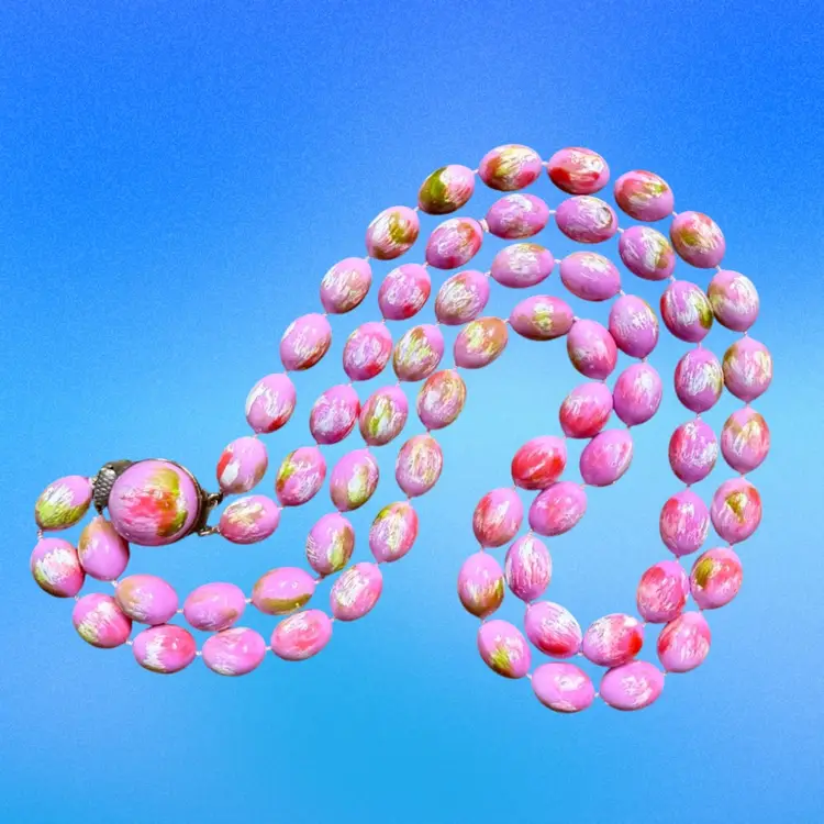 Vintage 50’s Double Strand Necklace, Pink, Splatter Paint Beads
