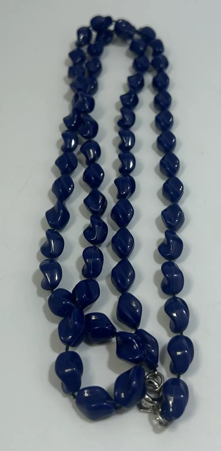Vintage Blue Twist Plastic Bead Necklace 36"