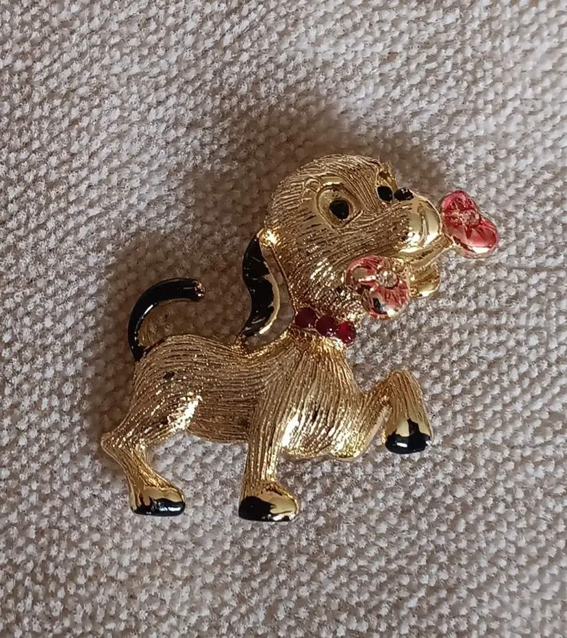 Vintage Puppy Dog with Bone Goldtone Brooch