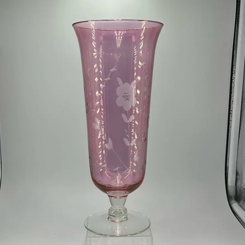 Vintage Cranberry Glass, Pedestal Vase, Floral Etching