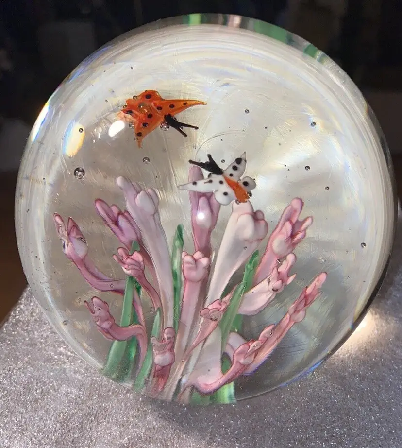 Art Glass Paperweight Pink Flowers Orange & White Butterflies w Black Spots 4”