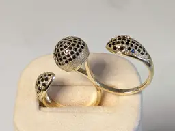 Gold Tone Double Snake Two-Finger Ring Black Rhinestones