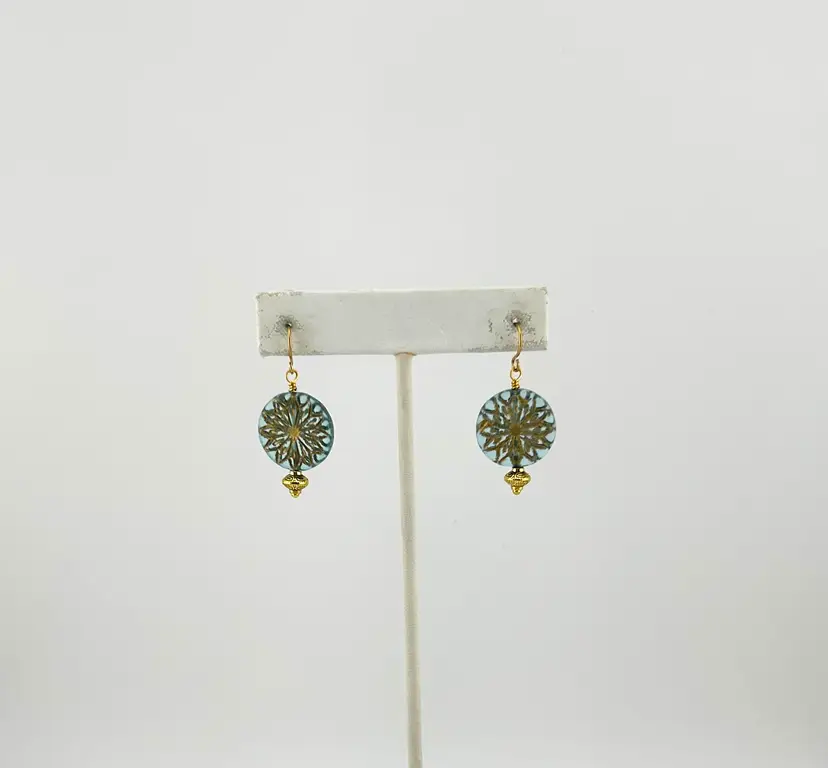 Gold Tone and Aqua Czech Glass Pierced Earrings 1.5”
