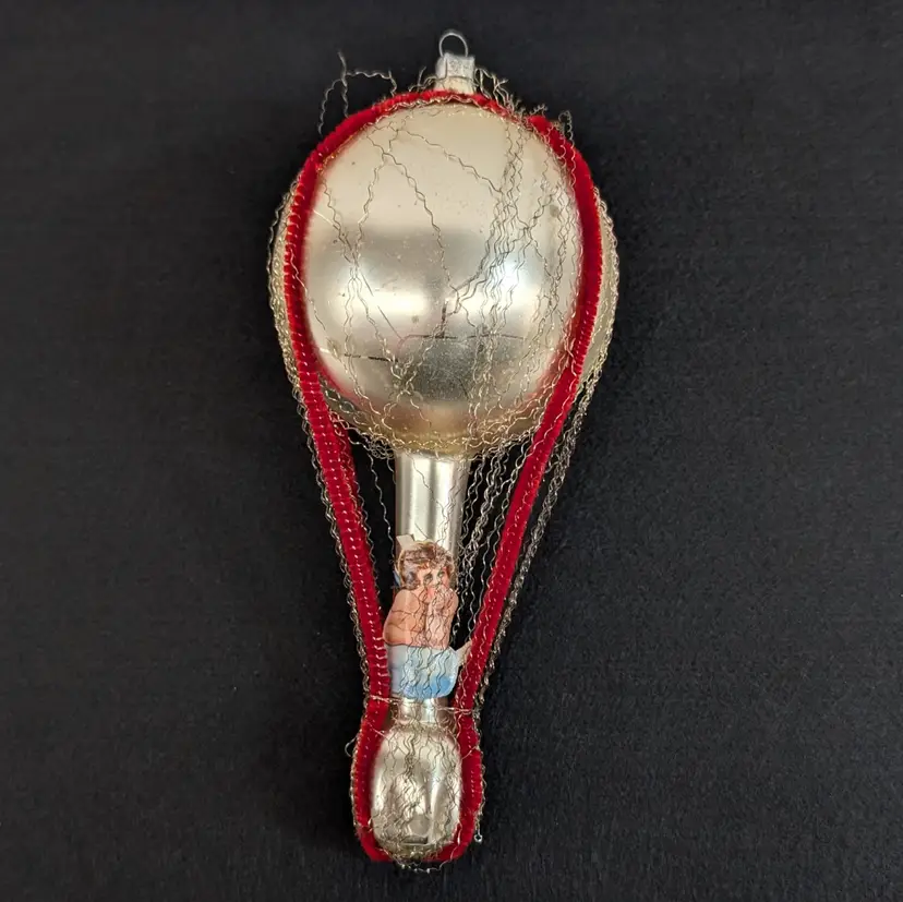 Antique Wire Wrapped Hot Air Balloon Christmas Ornament Mercury Glass Angel West Germany