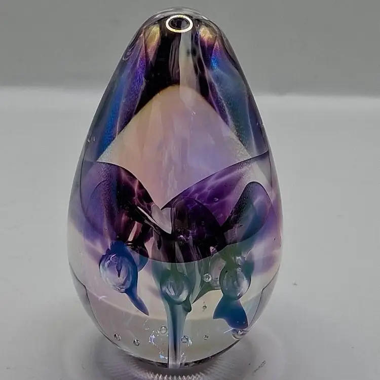 James Alloway 1995 Iridescent Art Glass Egg Paperweight Purple Floral Signed