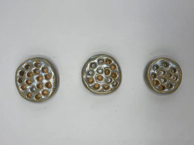 Hand Made Round Blue Glazed Pottery Flower Frog - Set of 3 - Miniature