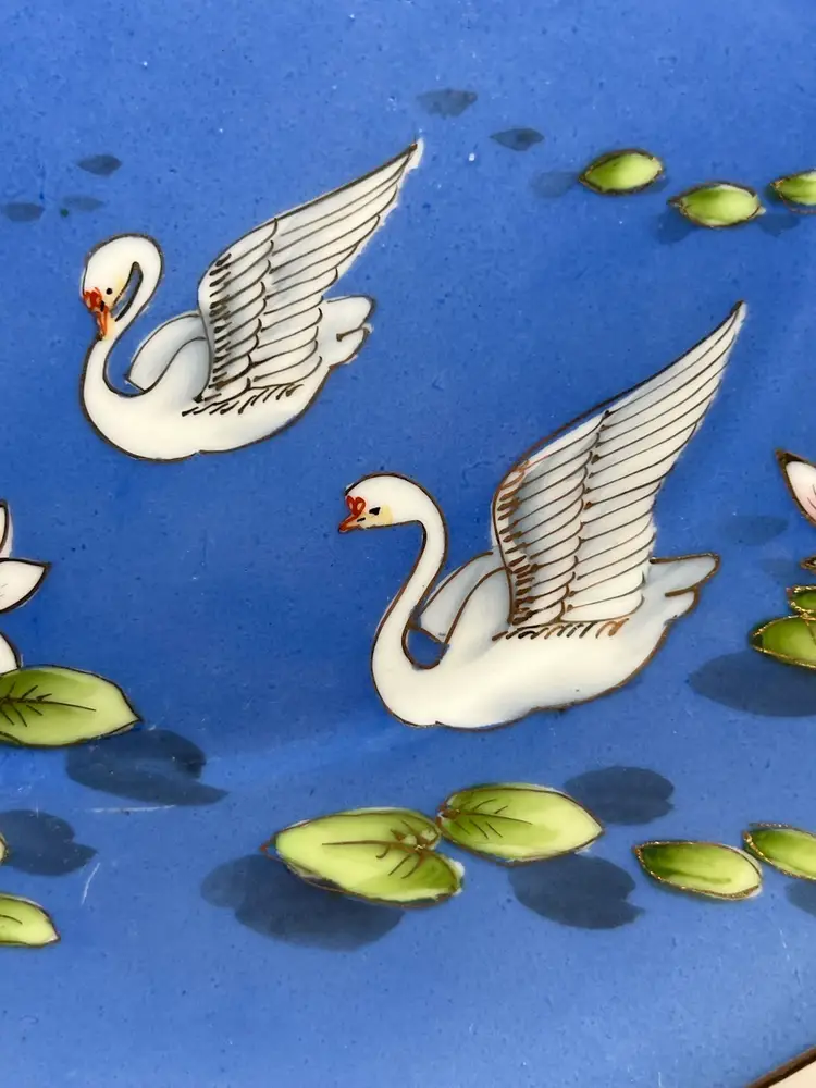 Porcelain Two Handled Plate Tray Hand Painted Swans Lotus Flowers Japan 9.5”