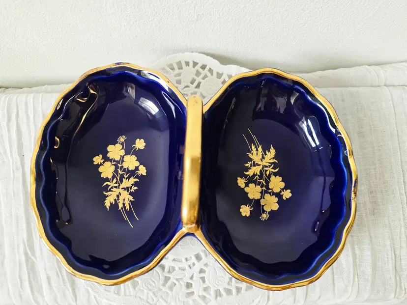 Mid‑Century Italian Double Dish • Cobalt & Gold Floral Bonbon Bowl • Elegant Vintage Candy or Nut Server