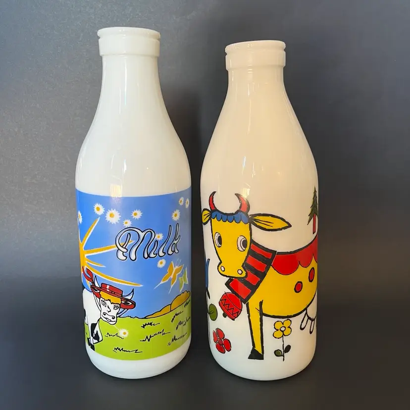 Vtg White Glass Milk Bottles (2) w/Cow EGIZA 10" Made in Italy CARLTON usa 10.5"