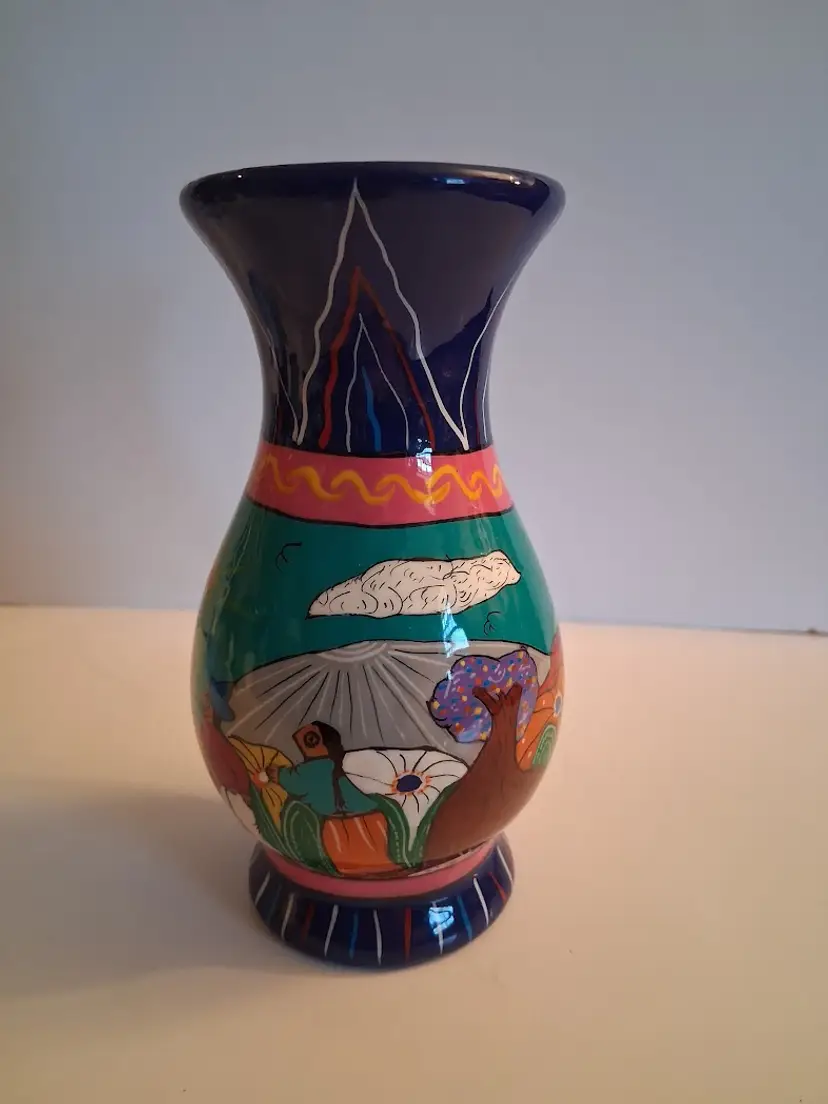 Mexican FOLK ART Red Clay Pottery Vase, Bright Color Hand Painted