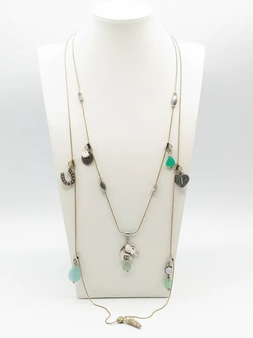 Silver Tone Lucky Necklace Pair Horseshoe Elephant Clover Heart Blue Green Stones