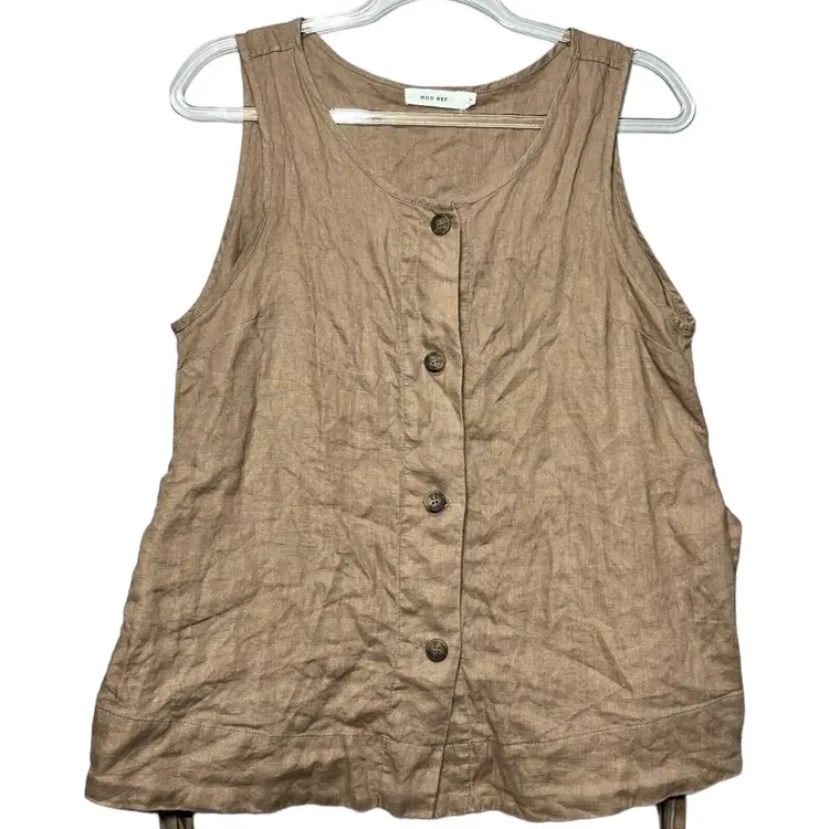 Mod Ref Neutral Beige Linen Button Front Vest Tank Top Waist Tie Back Hippy Sz L