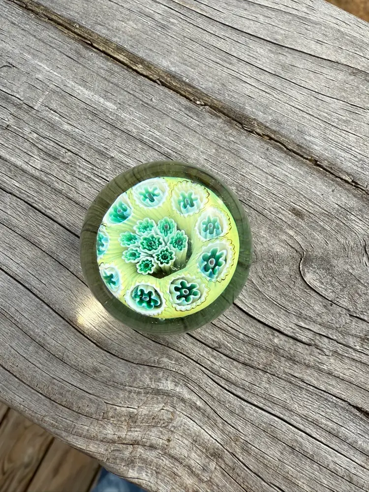 12 Miniature Art Glass Millefiori Paperweight - Green & Yellow Palette