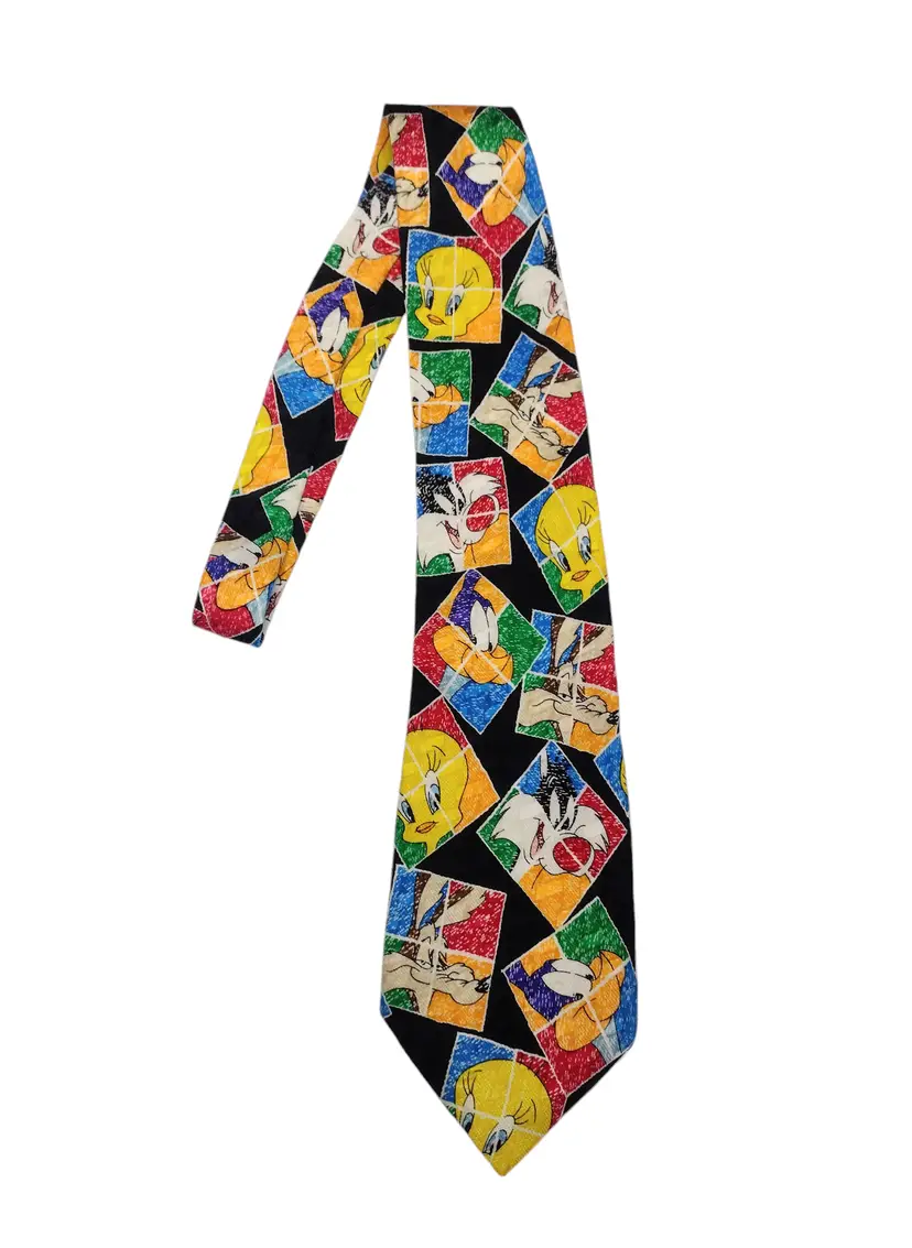 Vtg 1996 All Silk Looney Tunes Necktie Six Flags Retro Cartoon Colorful Kidcore