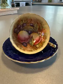 Aynsley England Cobalt Blue Gold Orchard Tea Cup & Saucer D Jones Fruit Peach