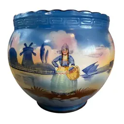 American Art Pottery Dutch Girl And Windmill Decorated Jardiniere